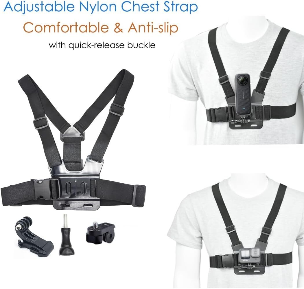 Adjustable Camera Chest Mount & Strap Kit for GoPro & Insta360 - 360° Rotation
