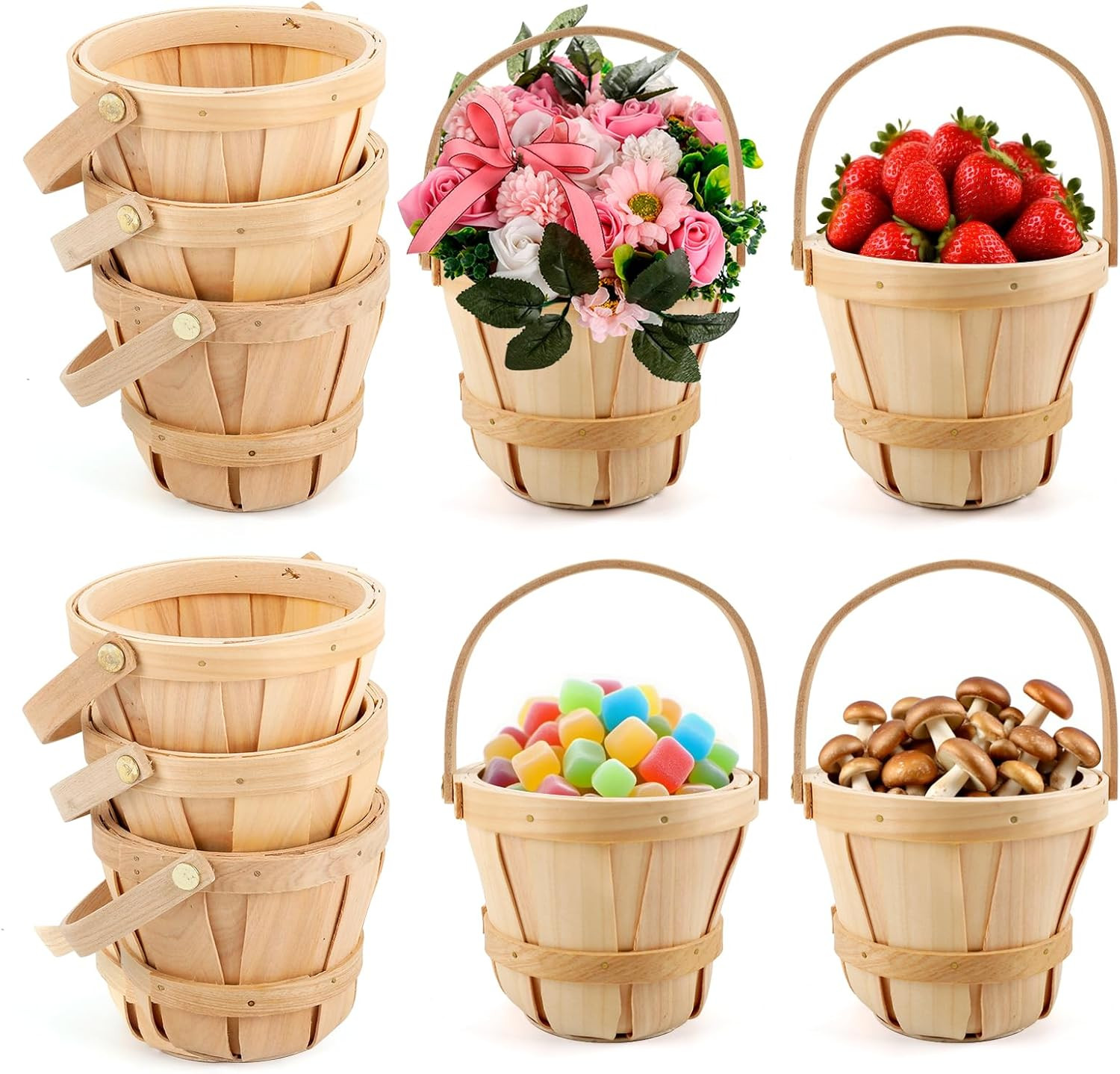 10 Pack Mini Handwoven Wooden Apple Baskets - 5.12 Inch Natural Rustic Fruit Pic