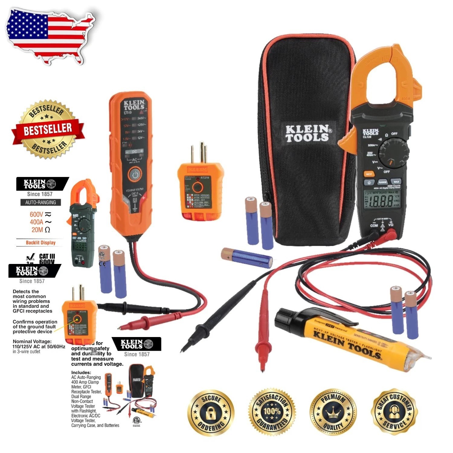 Versatile Electrical  Kit: Clamp Meter, Voltage Tester, 3 Testers, 12-1000V