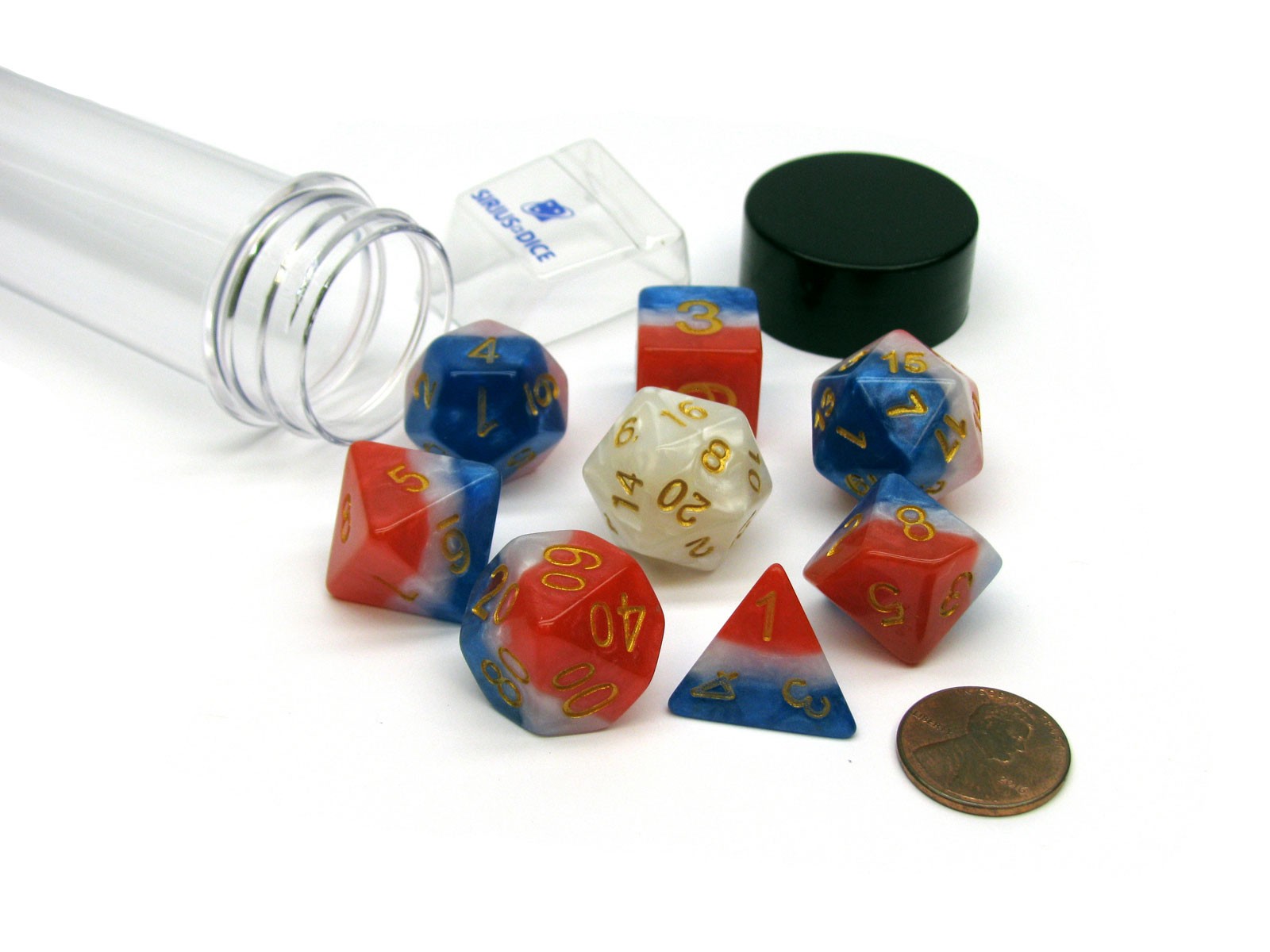 Tube of 7 Sirius Dice + Bonus D20 - Red, White, and Blue Semi-Transparent Resin