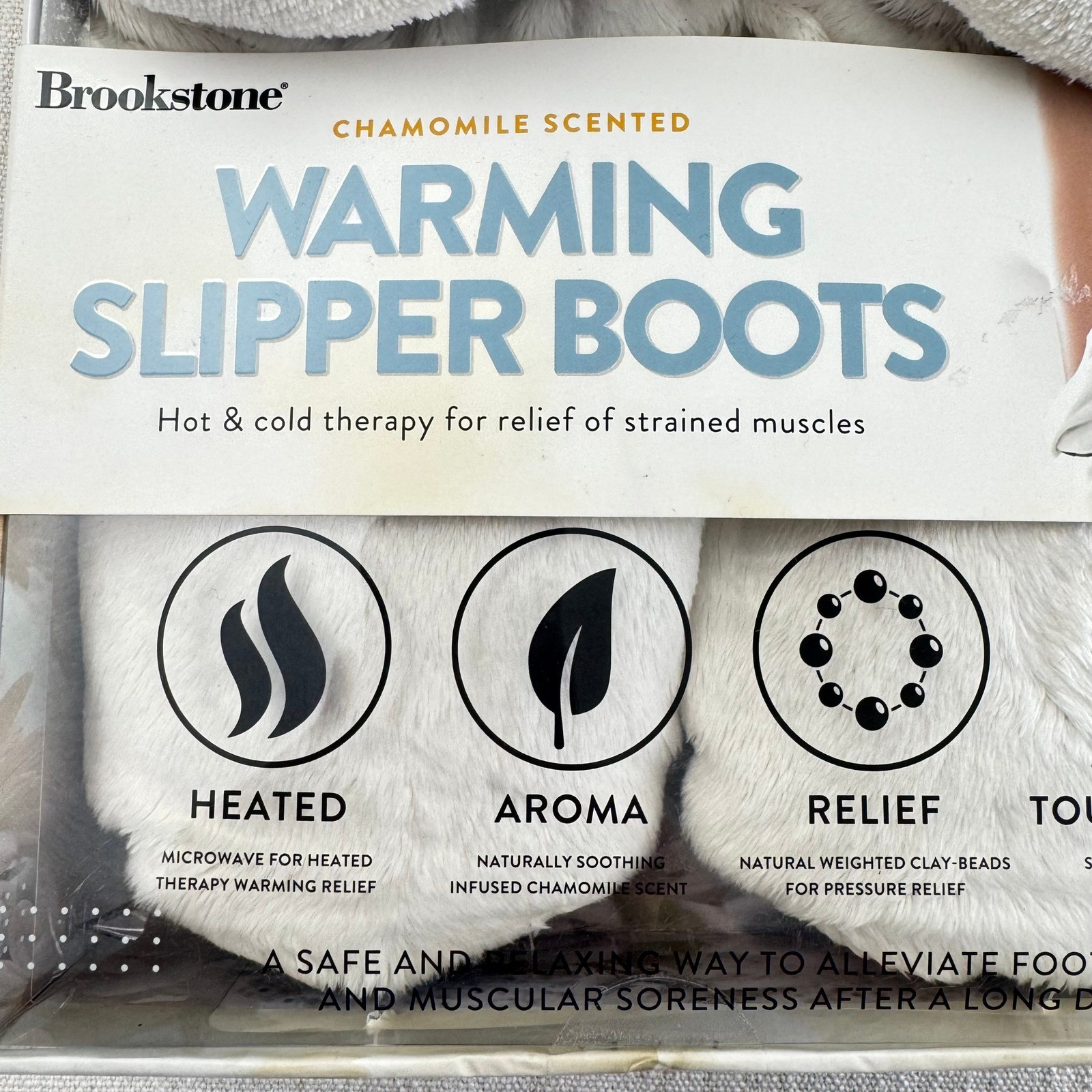 Brookstone Warming Slipper Boots Chamomile Scented Hot Cold Therapy Ivory NEW