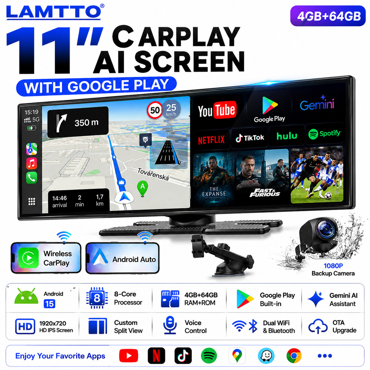 LAMTTO RC32 11" Android 15 Wireless CarPlay Android Auto 4+64GB Backup Camera