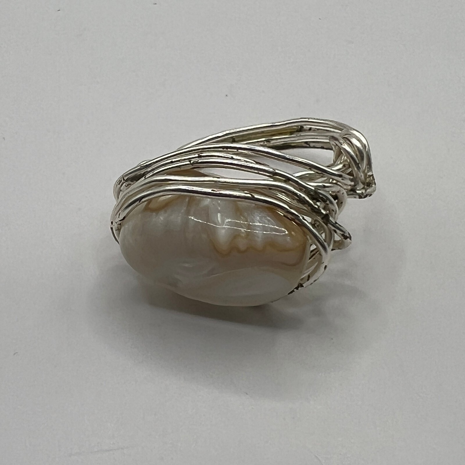 Artisan Silver Tone Wrap Ring White Stone Hand Made Size 6