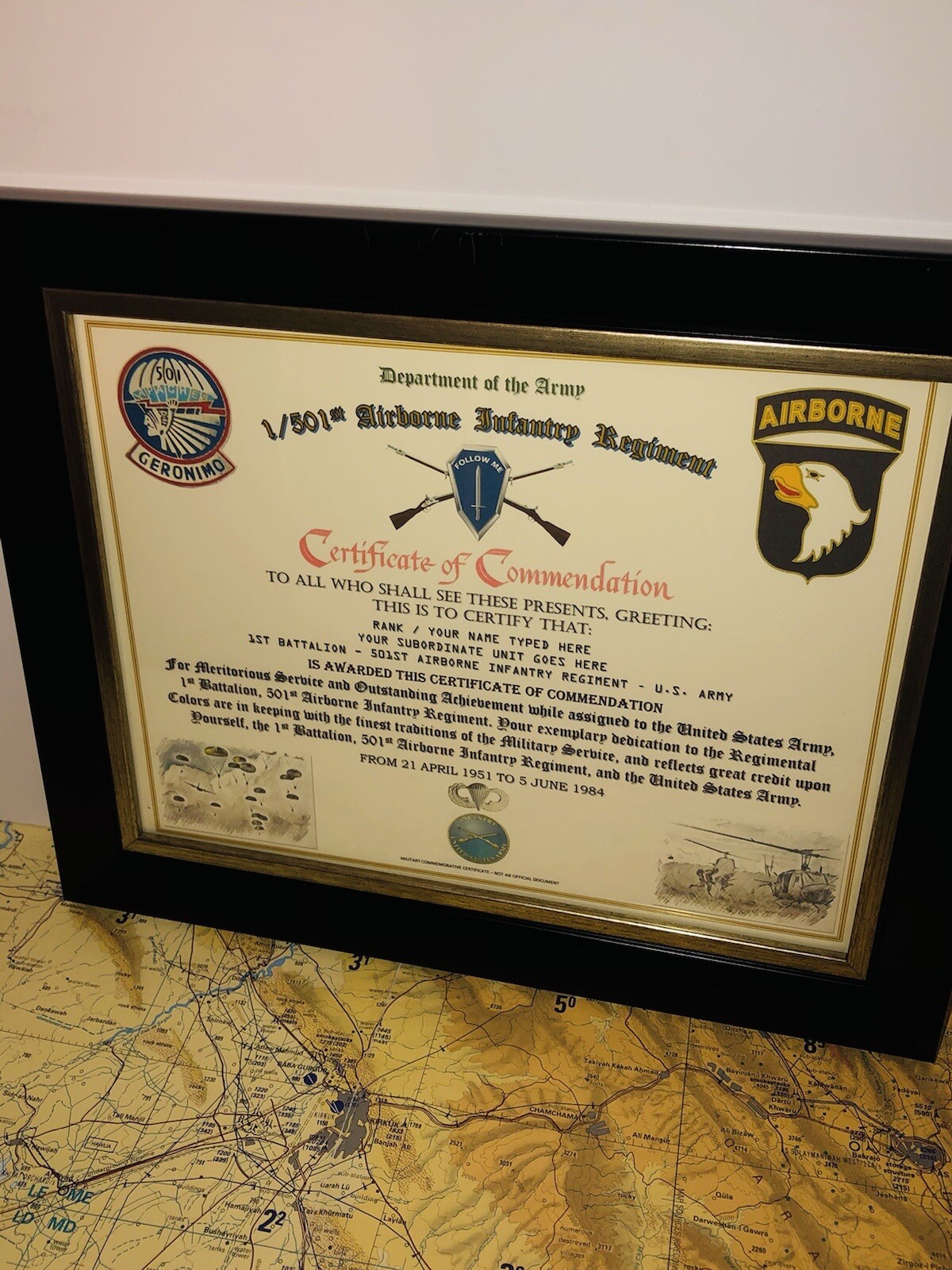 1/501ST AIRBORNE INFANTRY REGT / COMMEMORATIVE - CERTIFICATE OF COMMENDATION