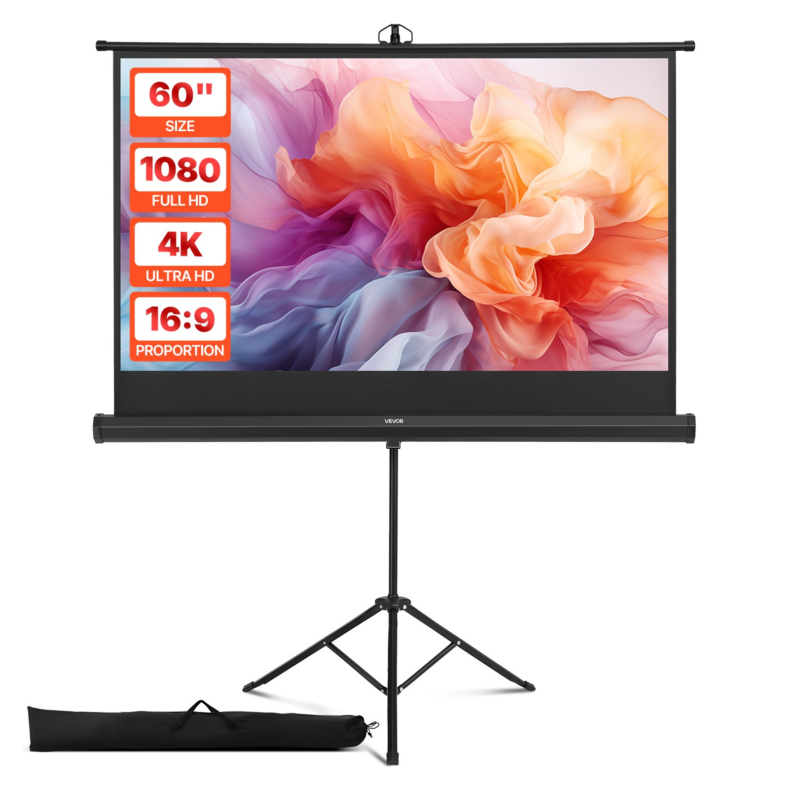 VEVOR Tripod Projector Screen with Stand 60 In 160°Wide Angle 4K HD 16:9 Screen
