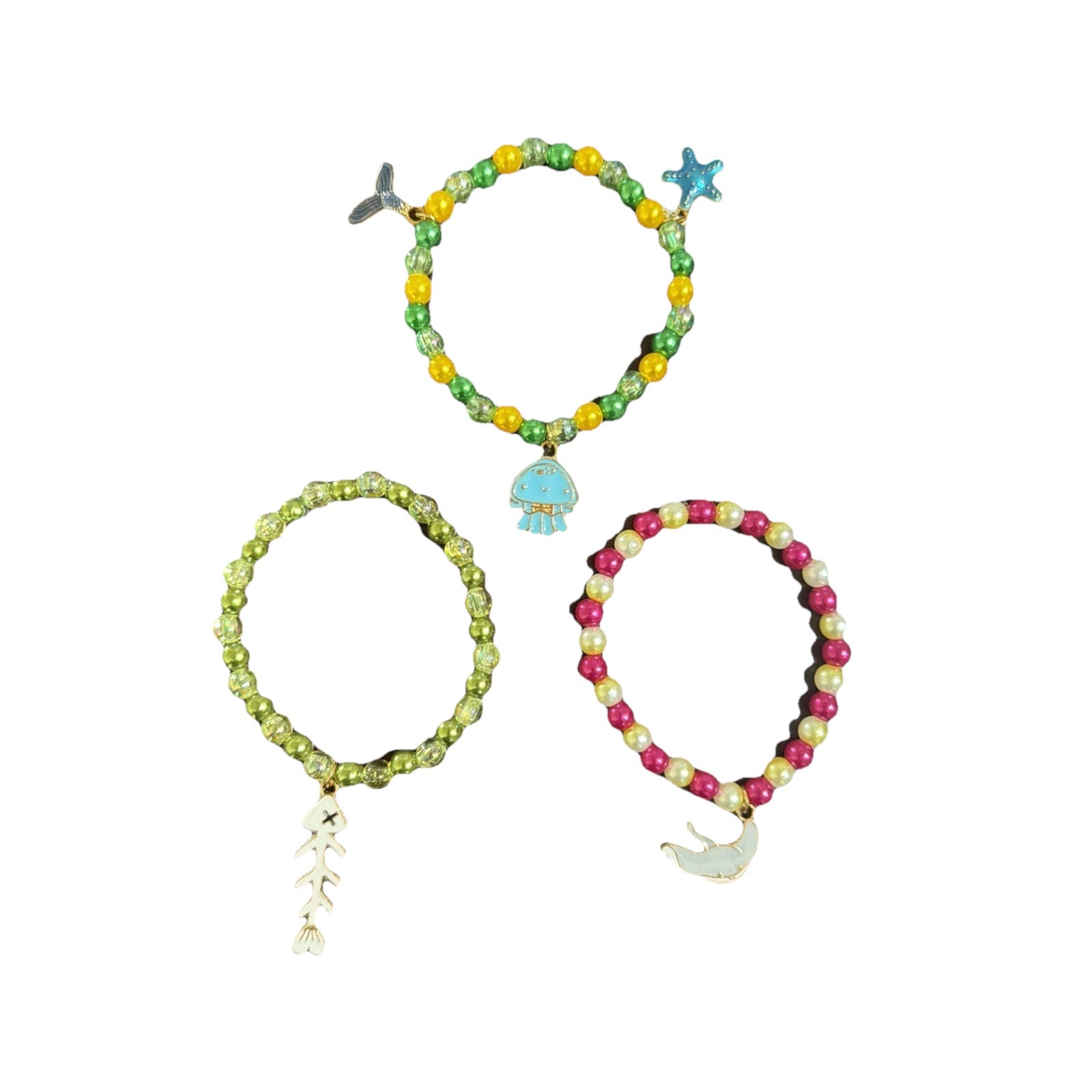 Multicolor Adjustable Beaded Charm Bracelets Set of 3 ocean themed