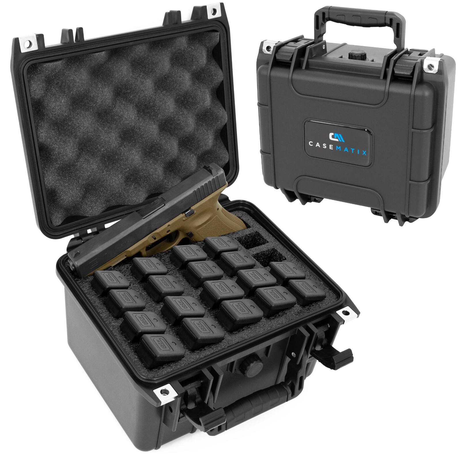 CASEMATIX Waterproof Gun Case fits 25 Pistol Magazines or 20 Mags and 1 Handgun