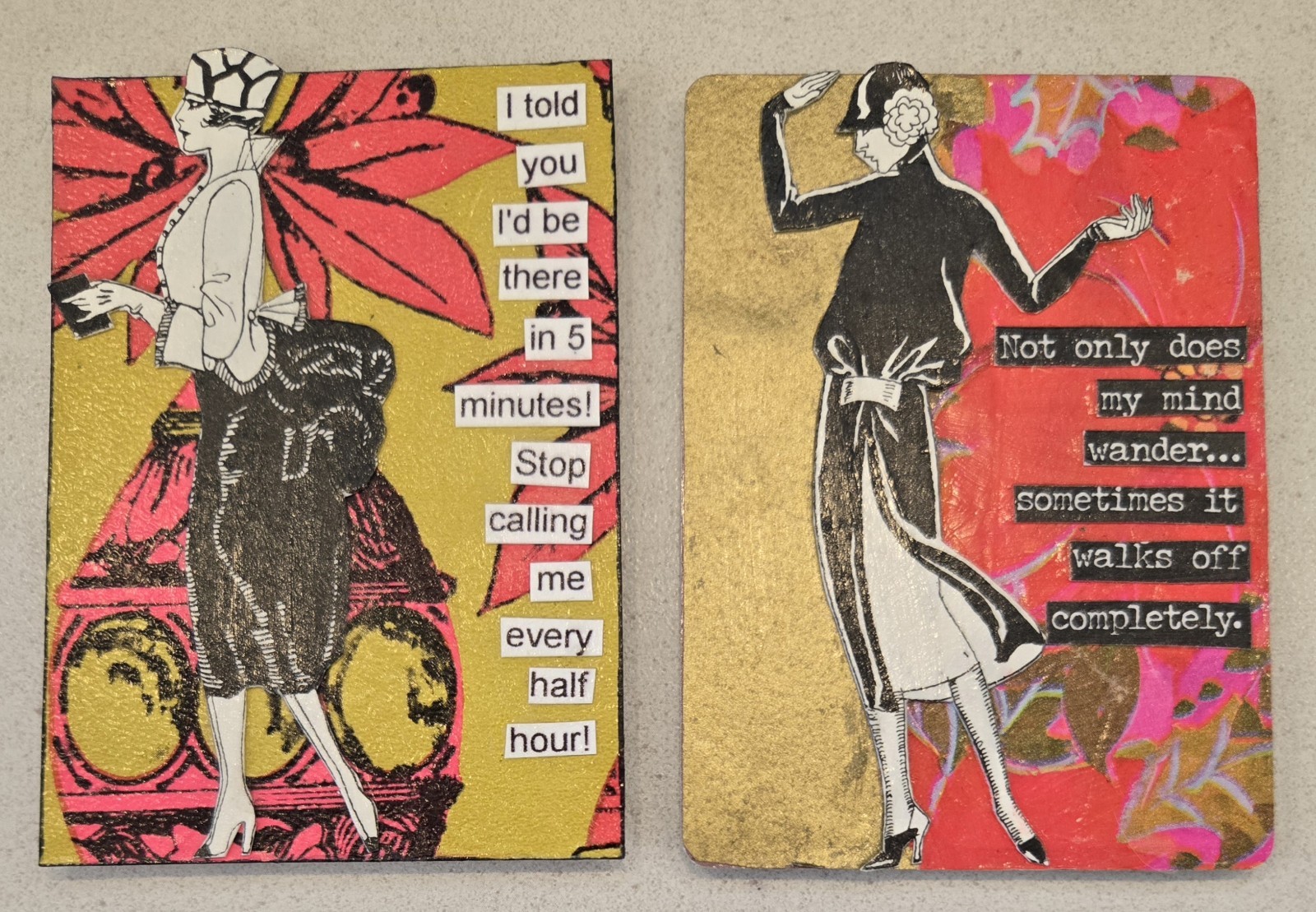 LOT OF 2 Snarky Women MAGNETS Mixed Media Collage Art Card ACEO ATC Wandering