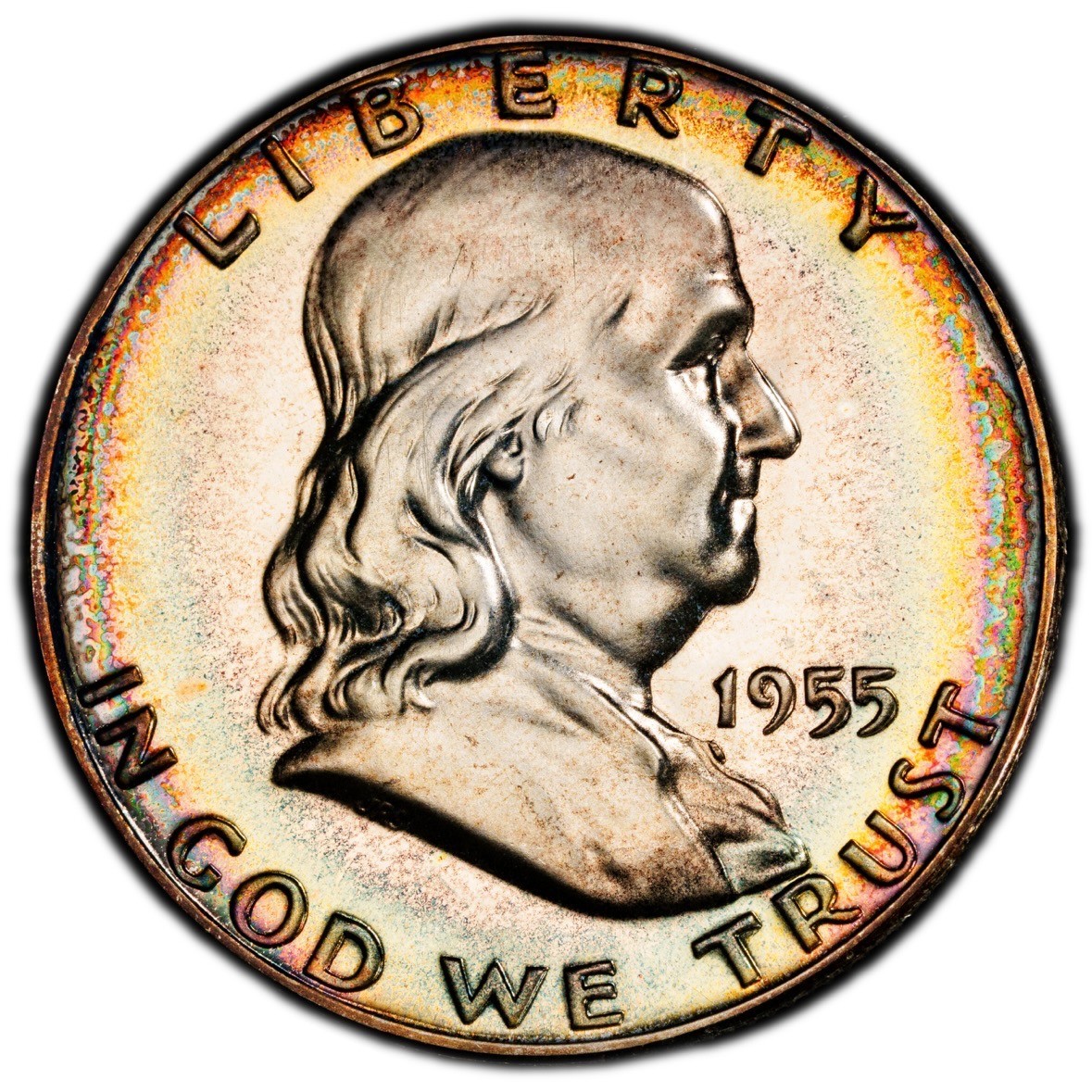 PR65 1955 50C Franklin Silver Half Dollar Proof, PCGS Trueview- Rainbow Toned