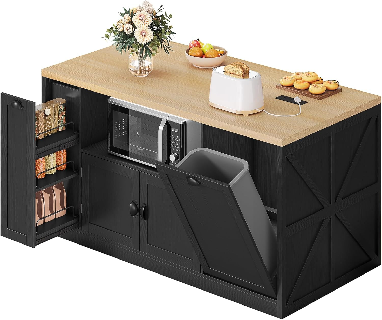 Farmhouse Kitchen Island with Storage, Power Outlet & Trash Can, 63" Black
