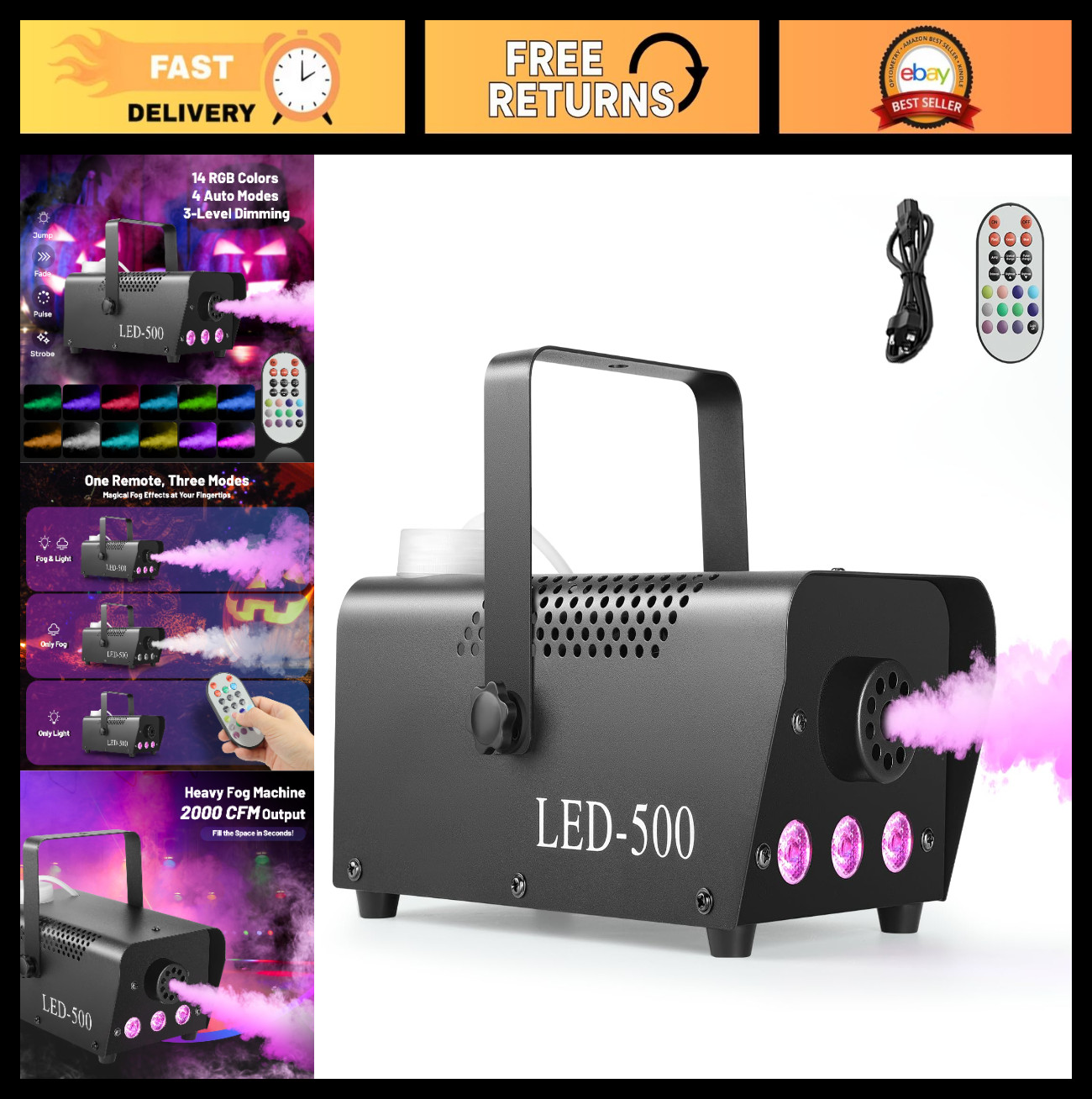 500W Fog Machine with 14 Color RGB LED Lights, Wireless Remote, 2000CFM for Part