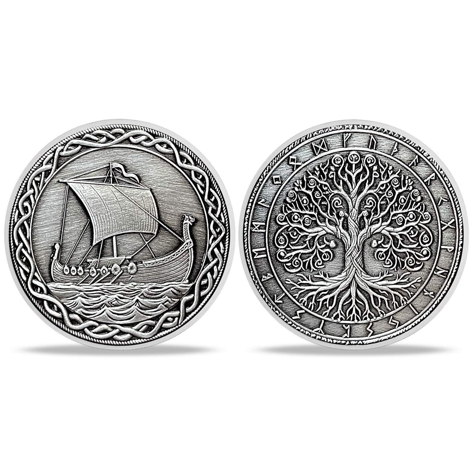 Silver Viking Coin Viking Ship & Yggdrasil Norse Mythology Collectible Coin Gift