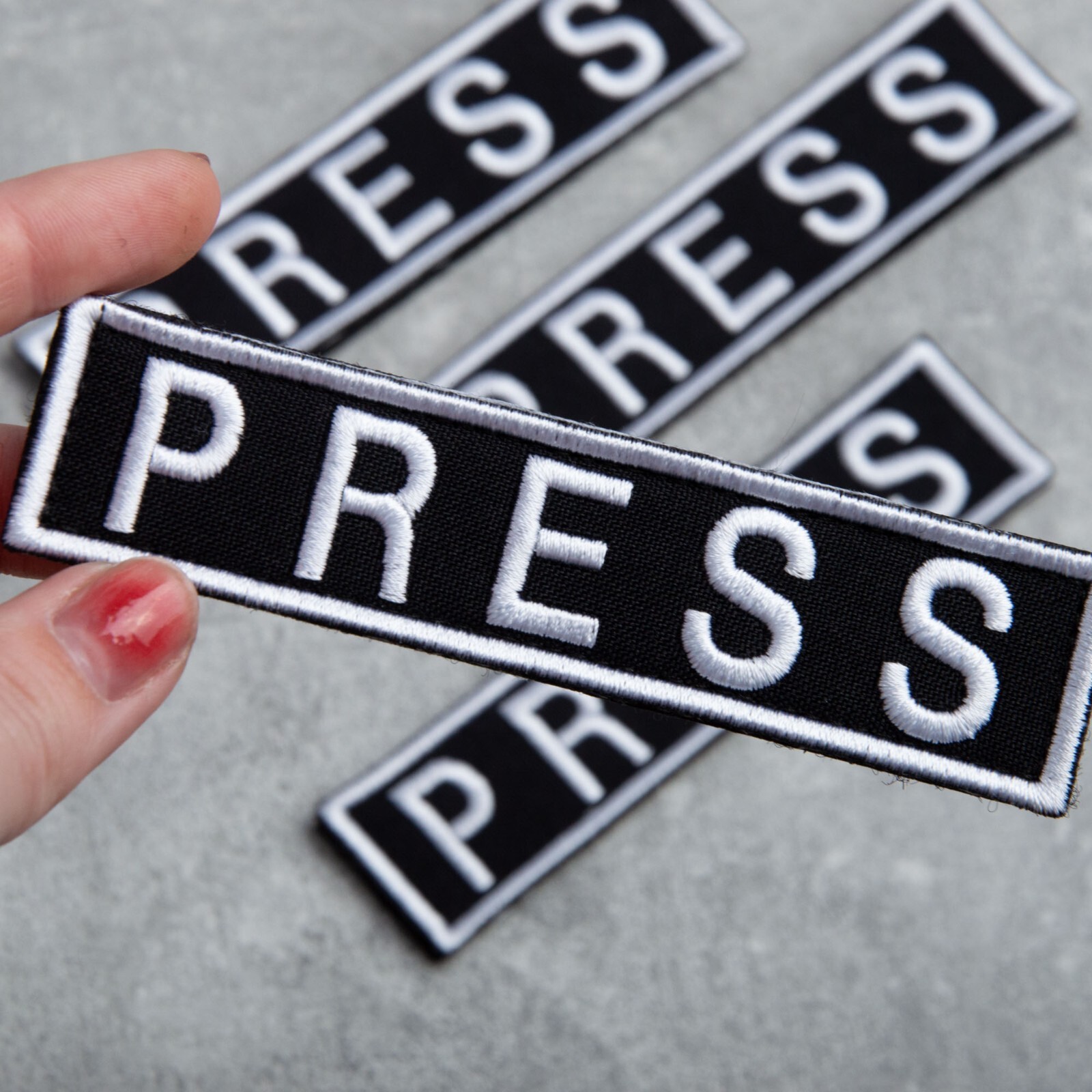 3-Piece Embroidered PRESS Patch for Vests, Jackets, Large & Small, Black & White