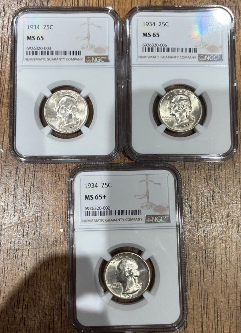 Lot of (3) 1934 Washington Quarter NGC MS65 Heavy Motto  Freshly Graded