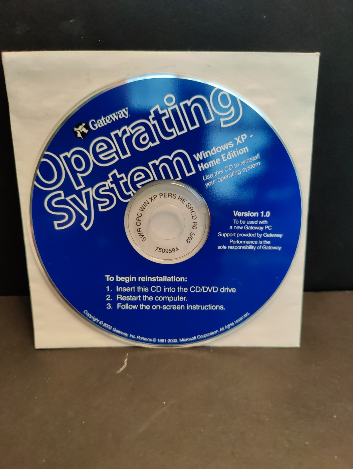 Gateway Windows XP Home Edition Operating System Reinstall CD Version 1.0 -5/02