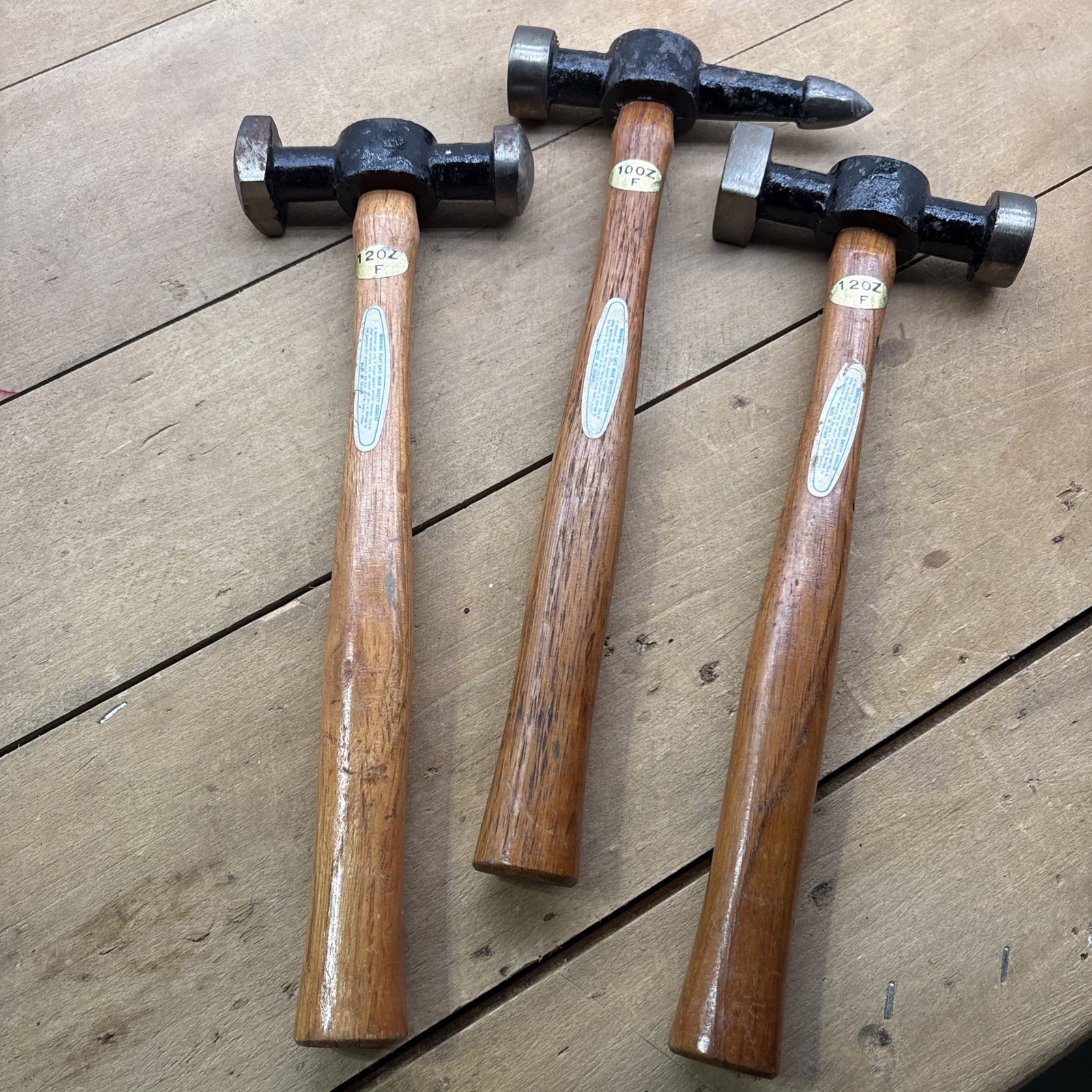 Lot Of 3 Auto Body Hammers Wooden Handles Round/Square End Round/Pointed End
