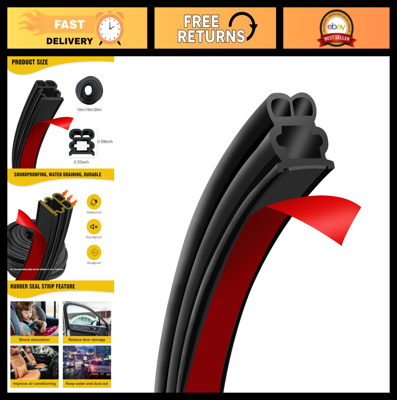85.28 Ft Thick Rubber Weather Stripping Seal Strip for Car, Truck, SUV - Soundpr