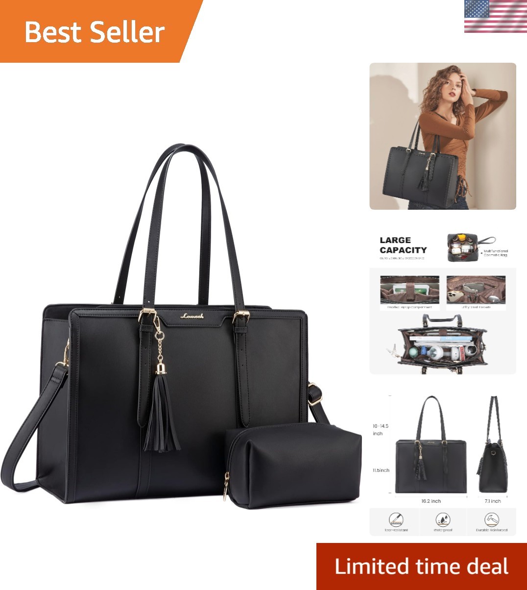 Elegant 15.6 Inch PU Laptop Tote Bag for Women with Clutch Purse - Black/Leather