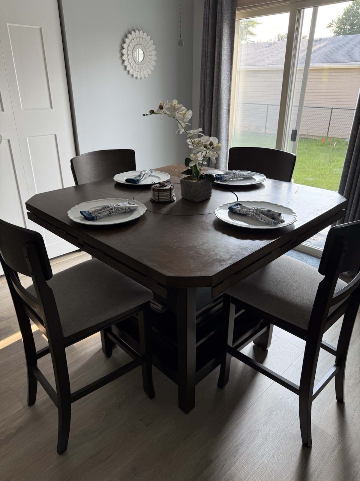 6 -Piece Square Counter Height Dark Wood Dining Set w/ Shelf, 6 Chairs Gray