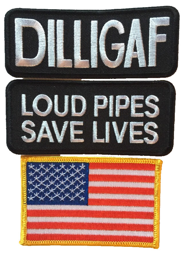 DILLIGAF  LOUD PIPES & AMERICAN FLAG biker patch USA seller ships fast from USA