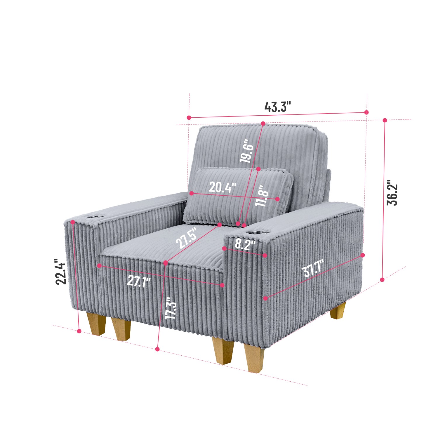 Gray Corduroy Accent Chair Deep Seat Armchair with Cup Holder Pillow Living Room