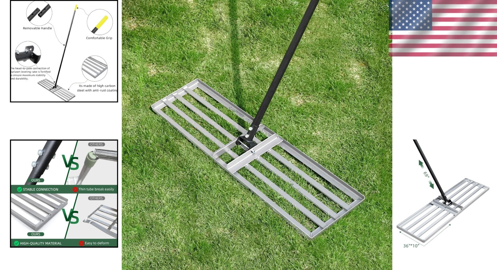 Stainless Steel Lawn Leveling Rake with 36-Inch Head & Detachable 69-Inch Handle