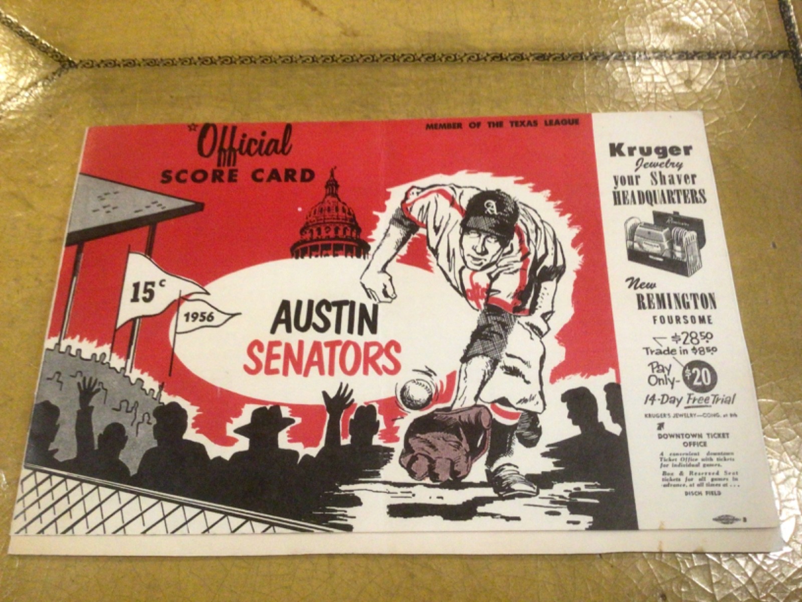 VTG OFFICIAL BASEBALL SCORE CARD AUSTIN SENATORS VS OKLA CITY 1956 MINOR LEAGUE