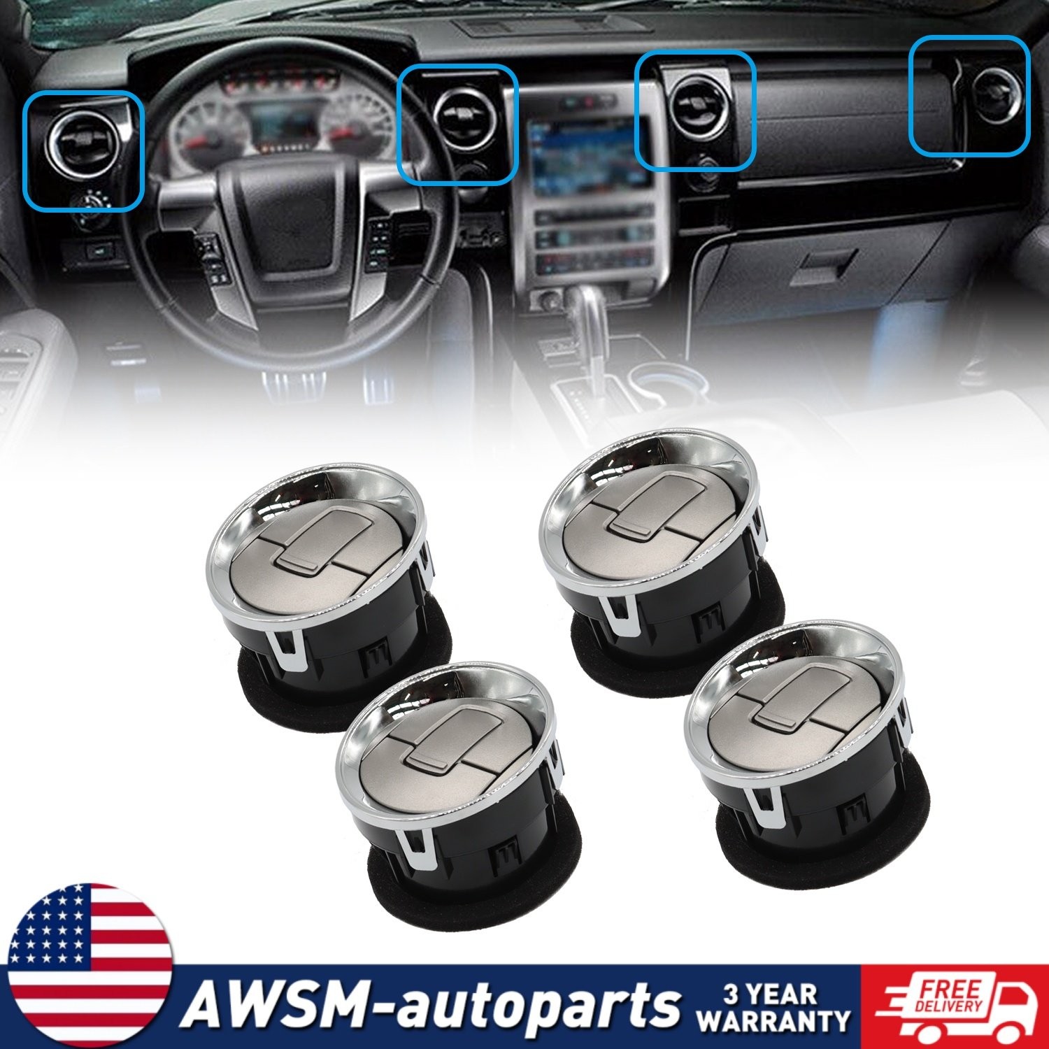 4PCS DASHBOARD AC HEAT AIR VENT FOR FORD F150 09-2014 CHROME SILVER 9L3Z19893CA