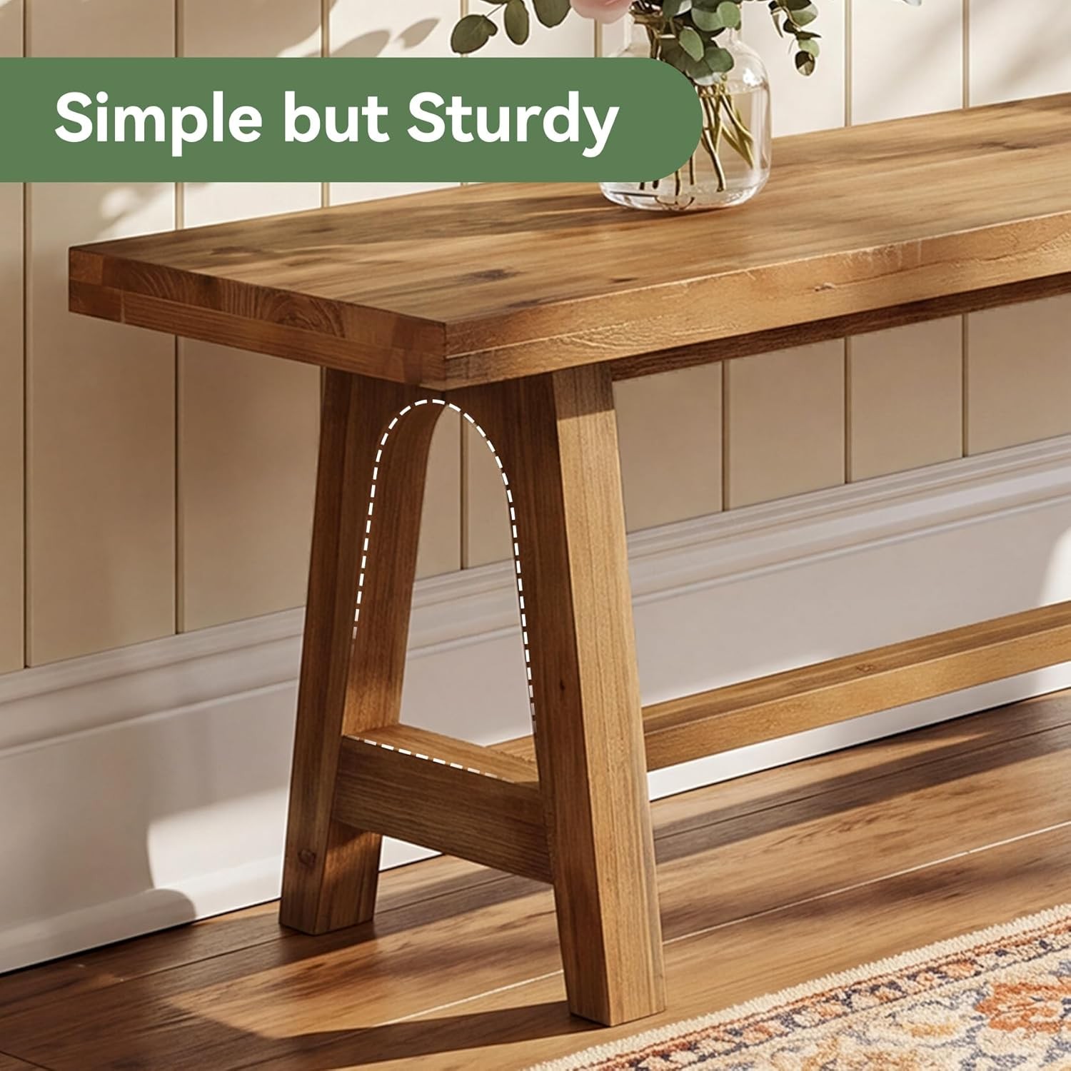Solid Wood Dining Bench, 63 Inch Long Farmhouse Kitchen Bench for Dining Room