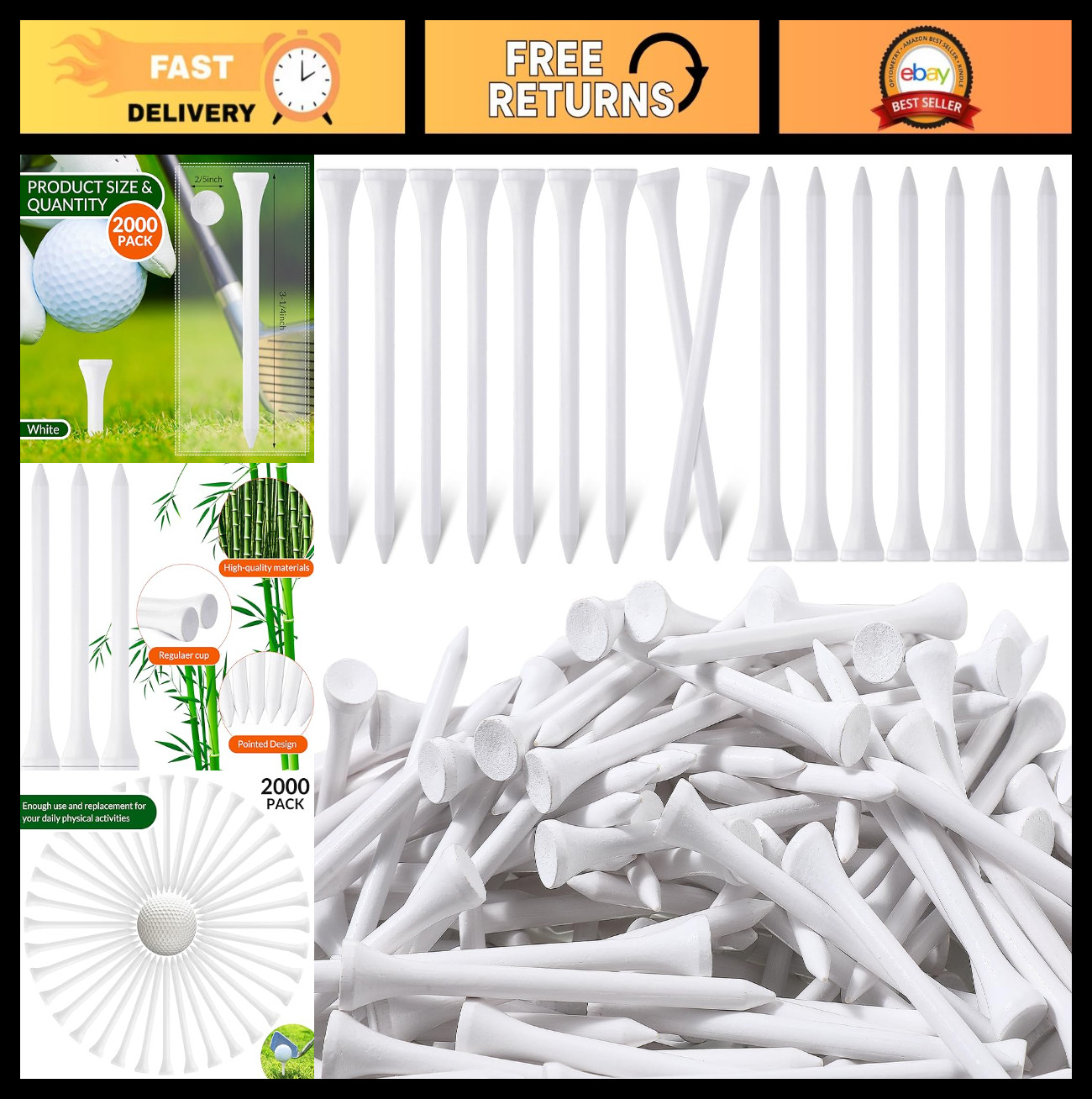 2000 Pcs Bamboo Golf Tees - Professional Bulk Set, Reduce Friction & Side Spin,