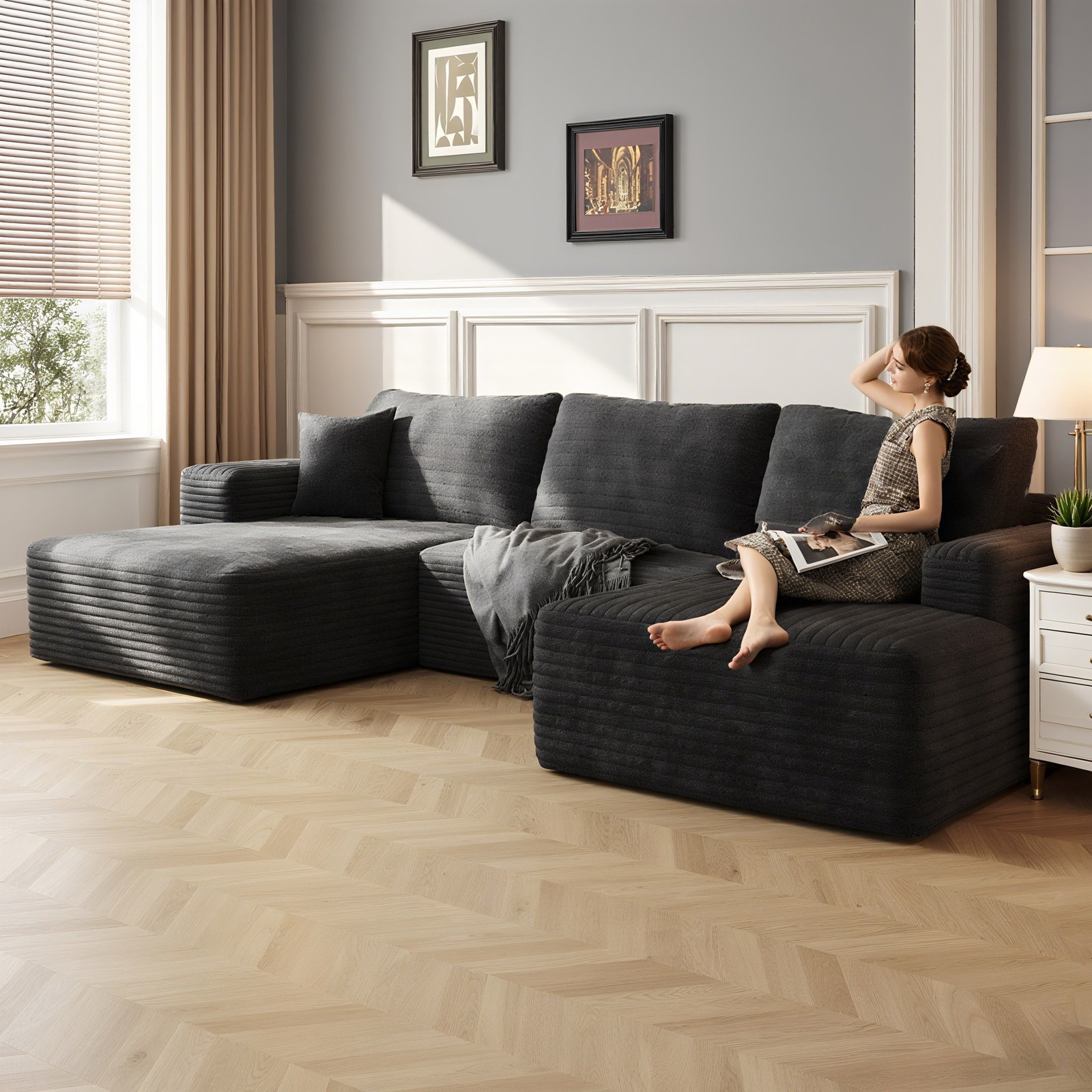 107"Boneless Couch Cloud Sectional Corduroy Sofa Left Facing Chaise with Ottoman