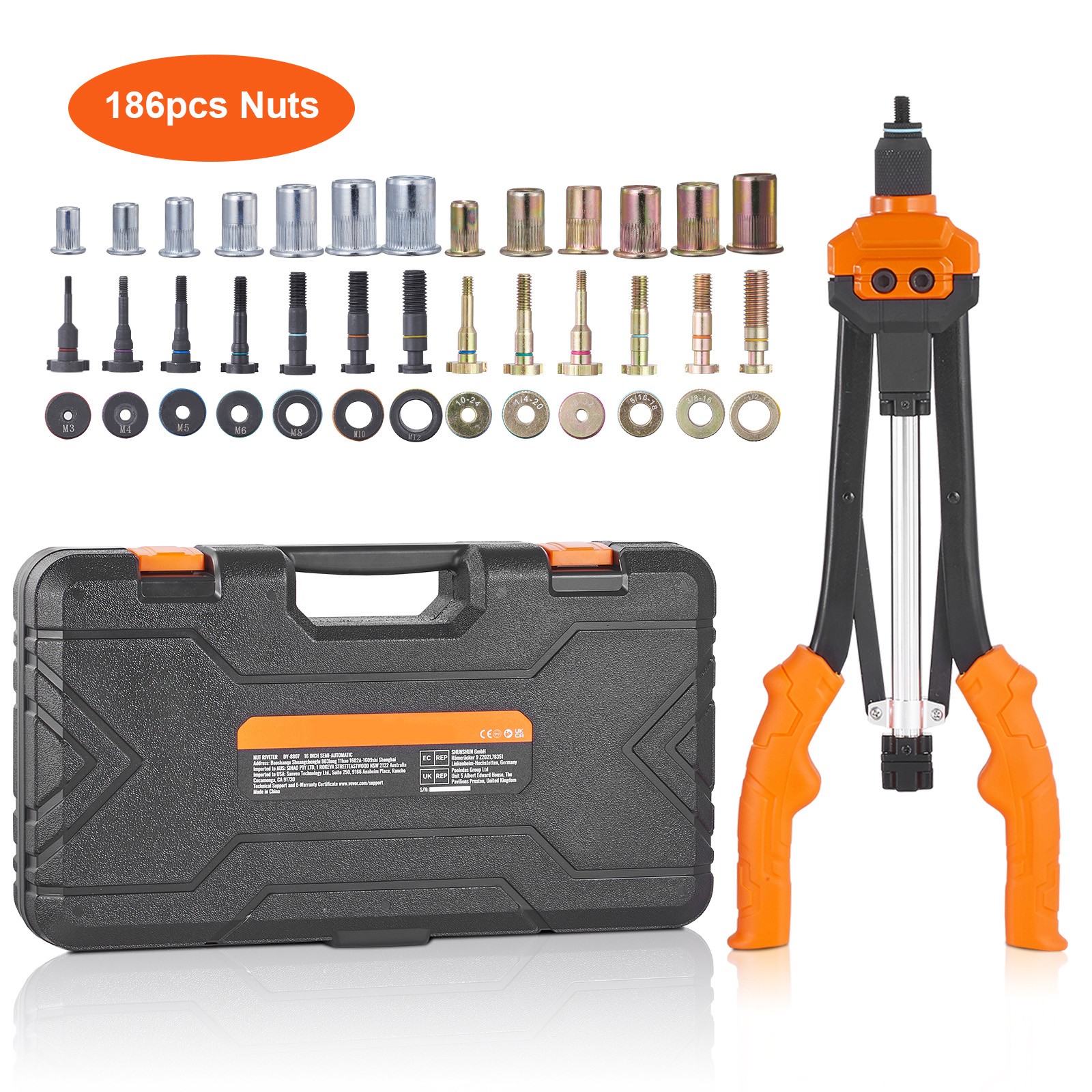 Rivet Nut Tool 16in Rivnut Tool Kit 13PCS Mandrels and 186PCS Rivet Nuts