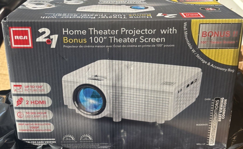 RCA Projector bundle 100" theater screen and storage case and accessory bag New