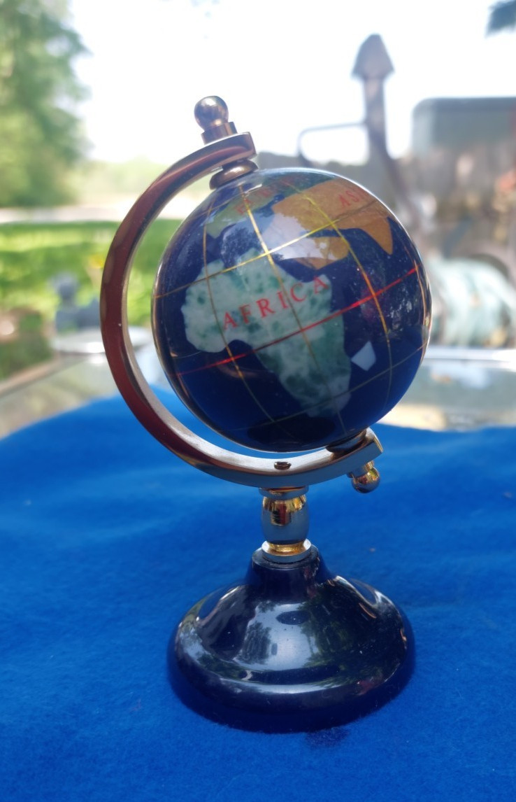 Blue Inlaid Gemstone World Globe  4” Tall Mini Desk Top Brass Gold