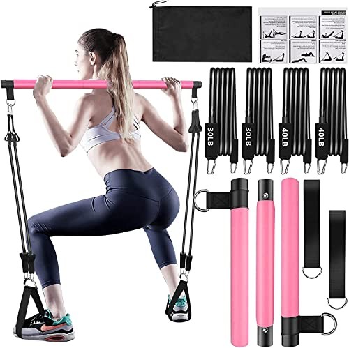Pilates Bar Kit with Resistance Bands,Pilates Bar with Pink (30lbs/40lbs)