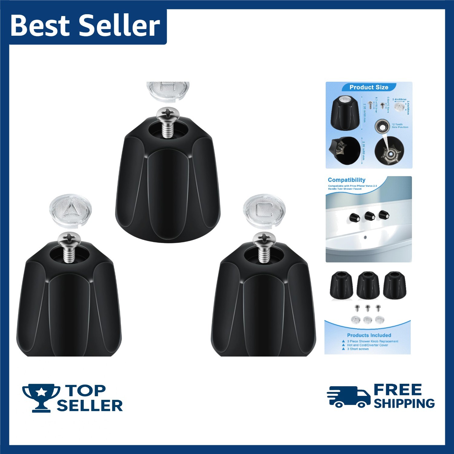 3 Piece Shower Knob Replacement Compatible with Price/Pfister Matte Black