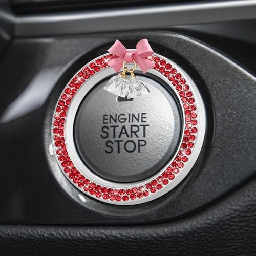 Car Push Start Button Cover Ring, Engine Start Button Cover, Cute Bow Bling Red