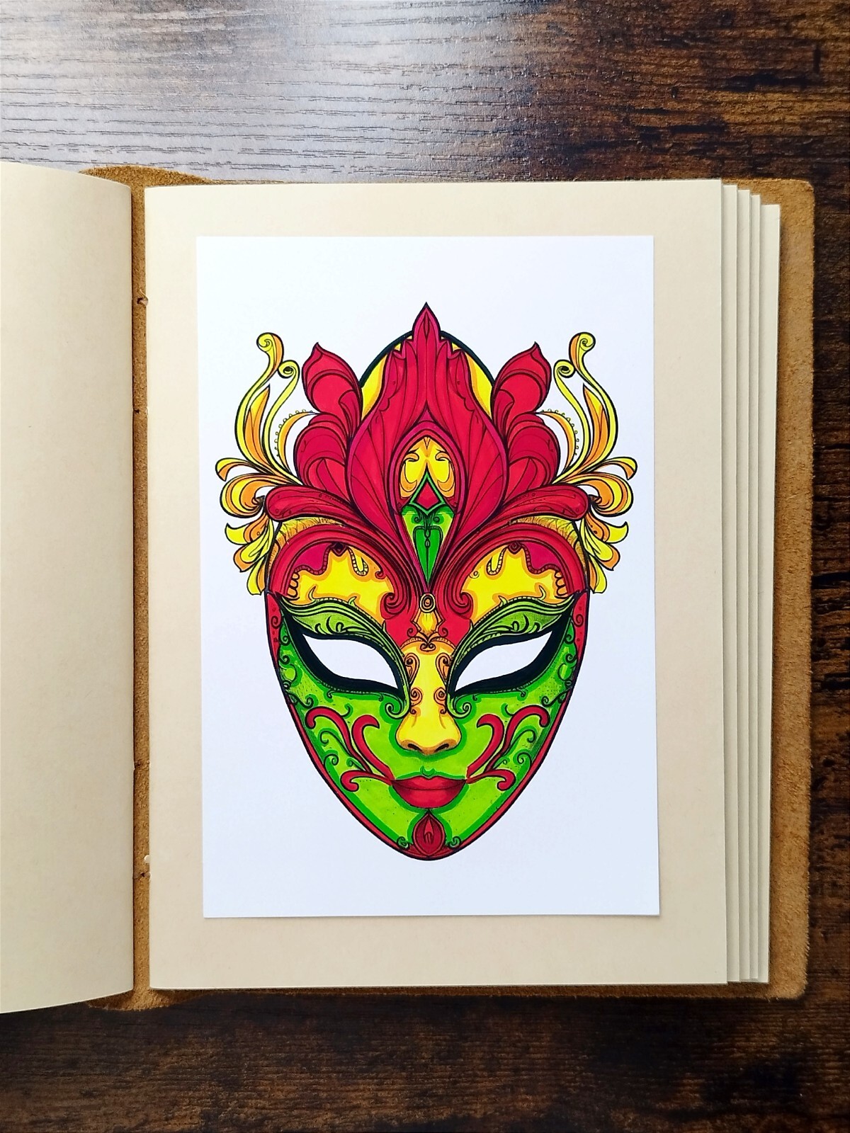 Carnival Mask Drawing Unframed Hand-Colored