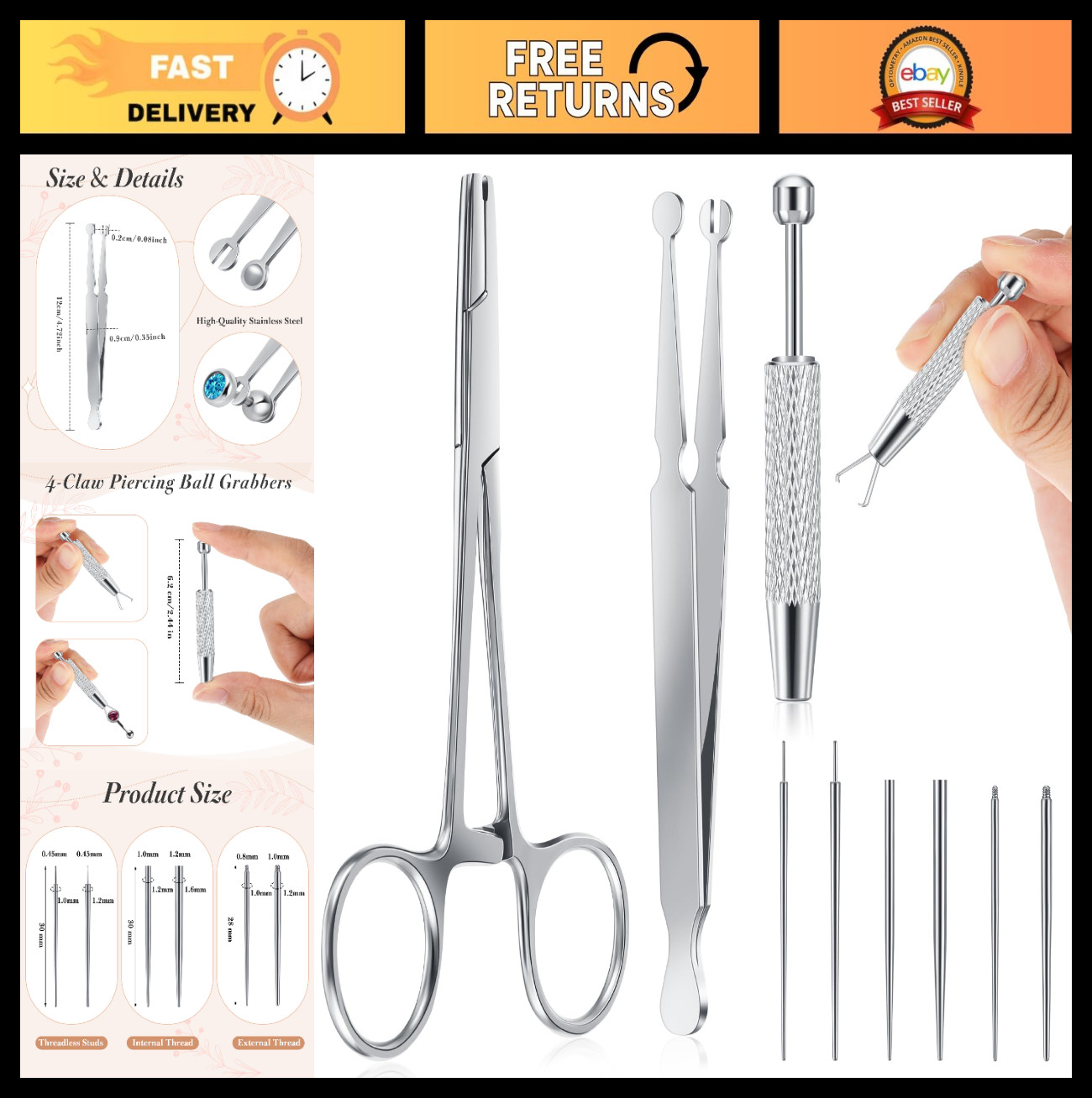 9pcs Stainless Steel Piercing Tool Kit - Ball Grabber, Screw Remover & Bead Clam