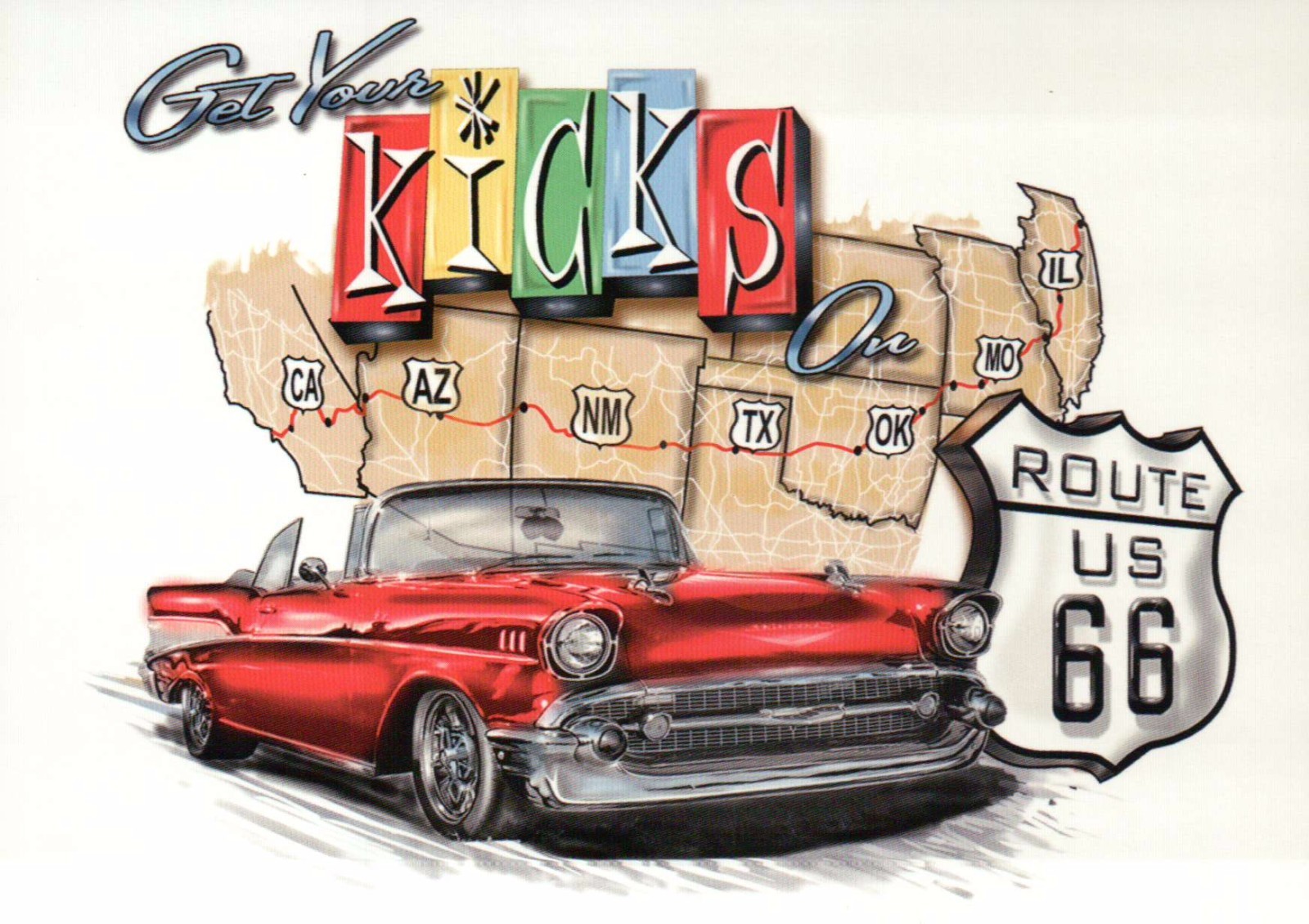 Get Your Kicks on Route 66, Road Chicago to Los Angeles, Oldtimer Car - Postcard