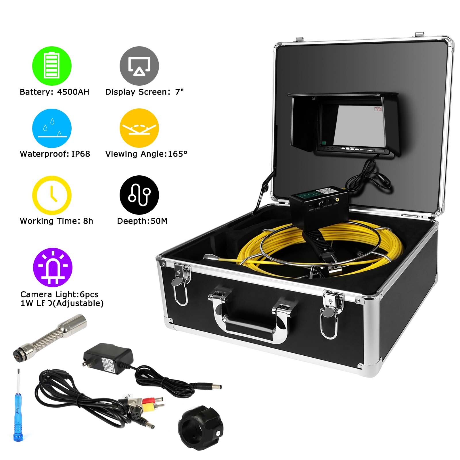 7"LCD 50M Sewer Waterproof Camera Pipe Pipeline Drain Inspection System