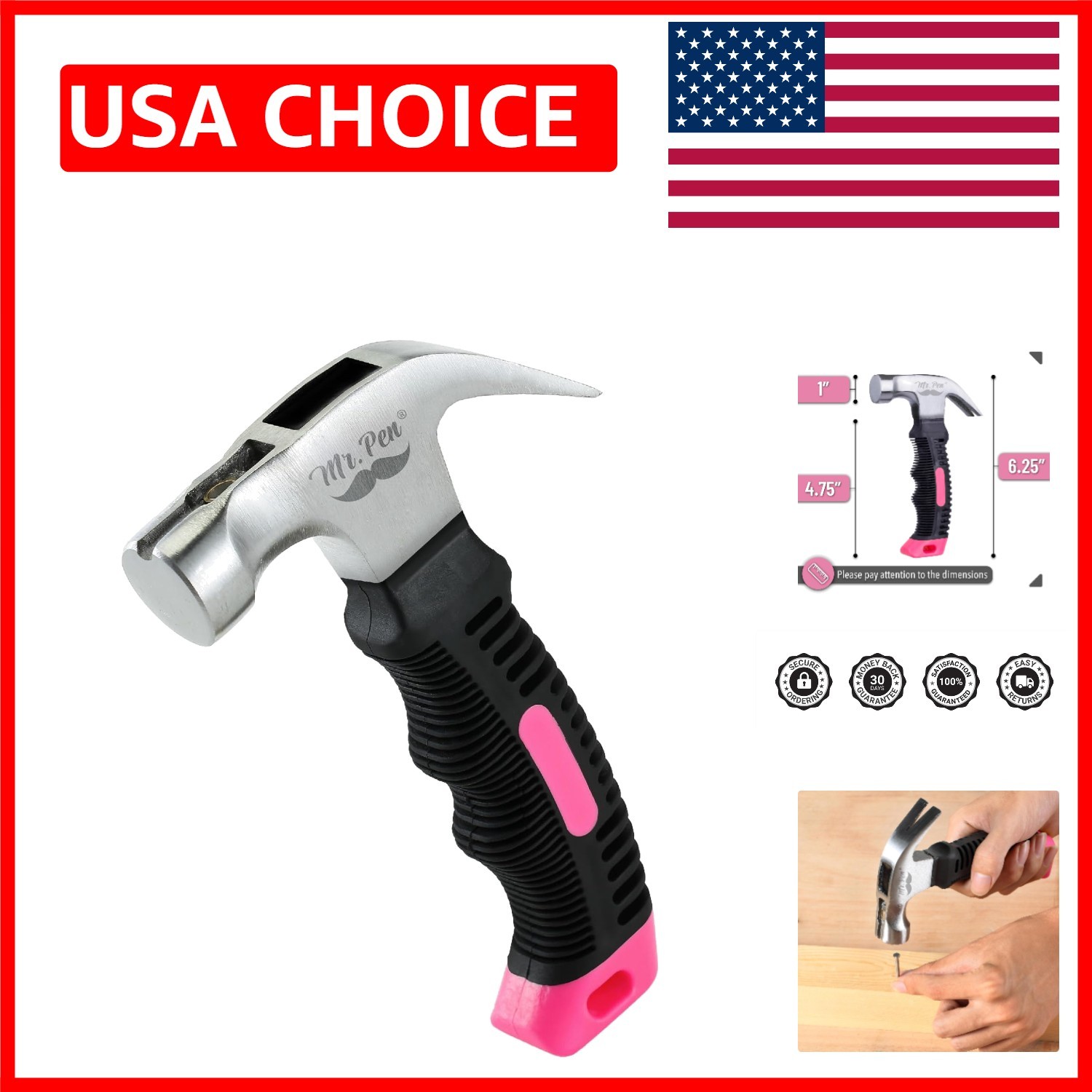 Durable 8oz Pink Claw Hammer with Easy Magnetic Nail Starter for Precision Work