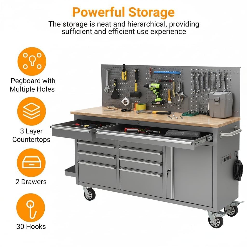61-inch Rolling Workbench 10 Drawers Garage Workbench Storage Tool Cabinet