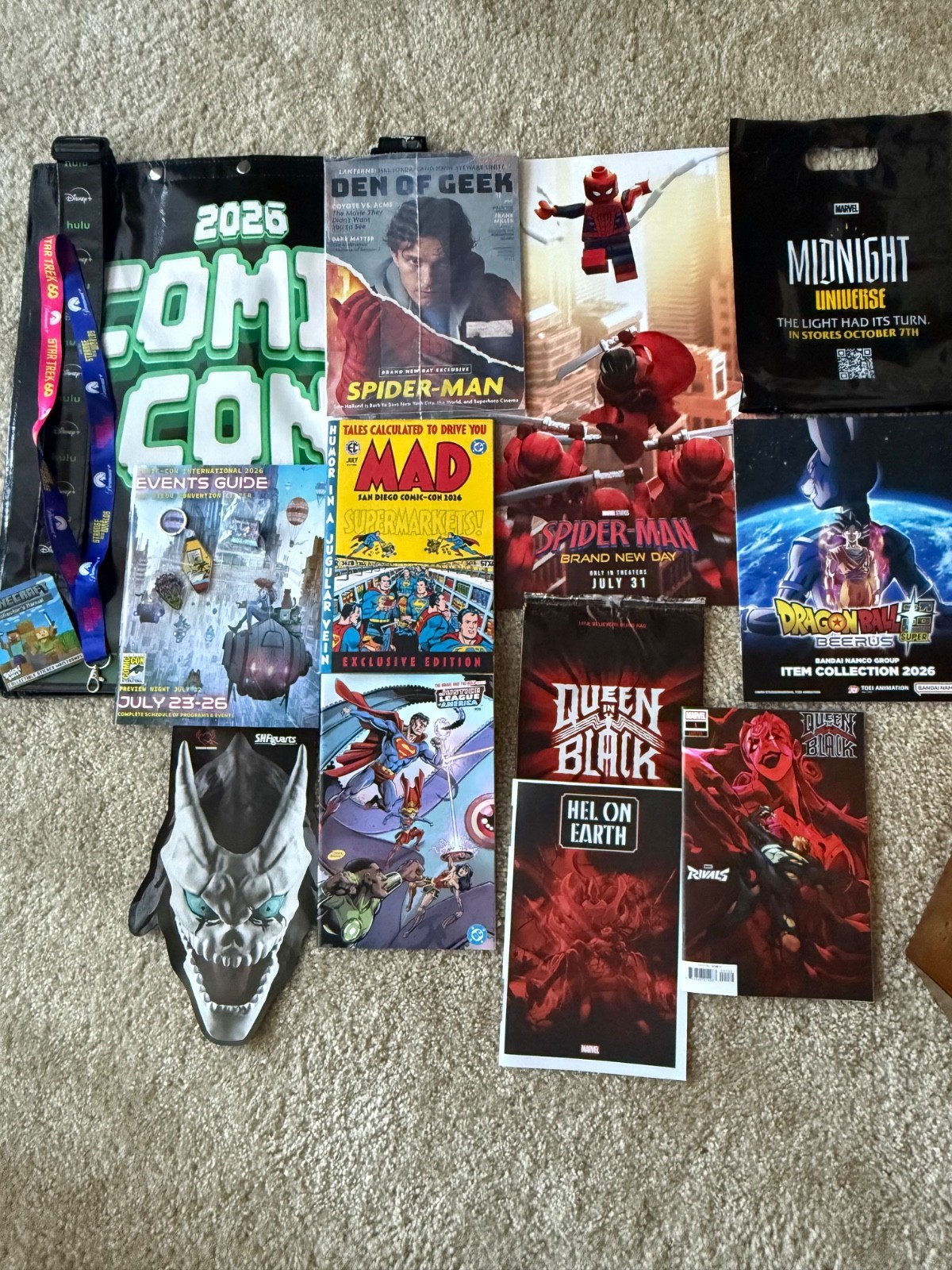 SDCC 2026 Swag Bag Tote Spider-Man X-Men Superman- Pins plus Other Swag Items