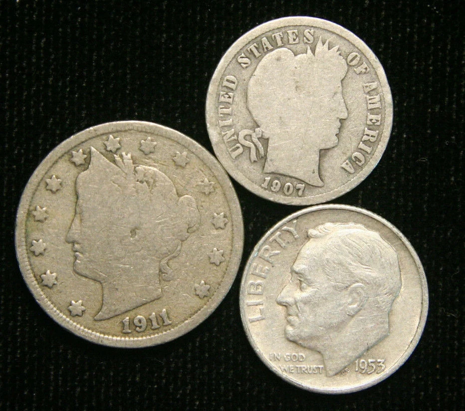 ✅  Old US Coin Lot - Barber Dime, Roosevelt Dime, Liberty Nickel 3 Coin Set