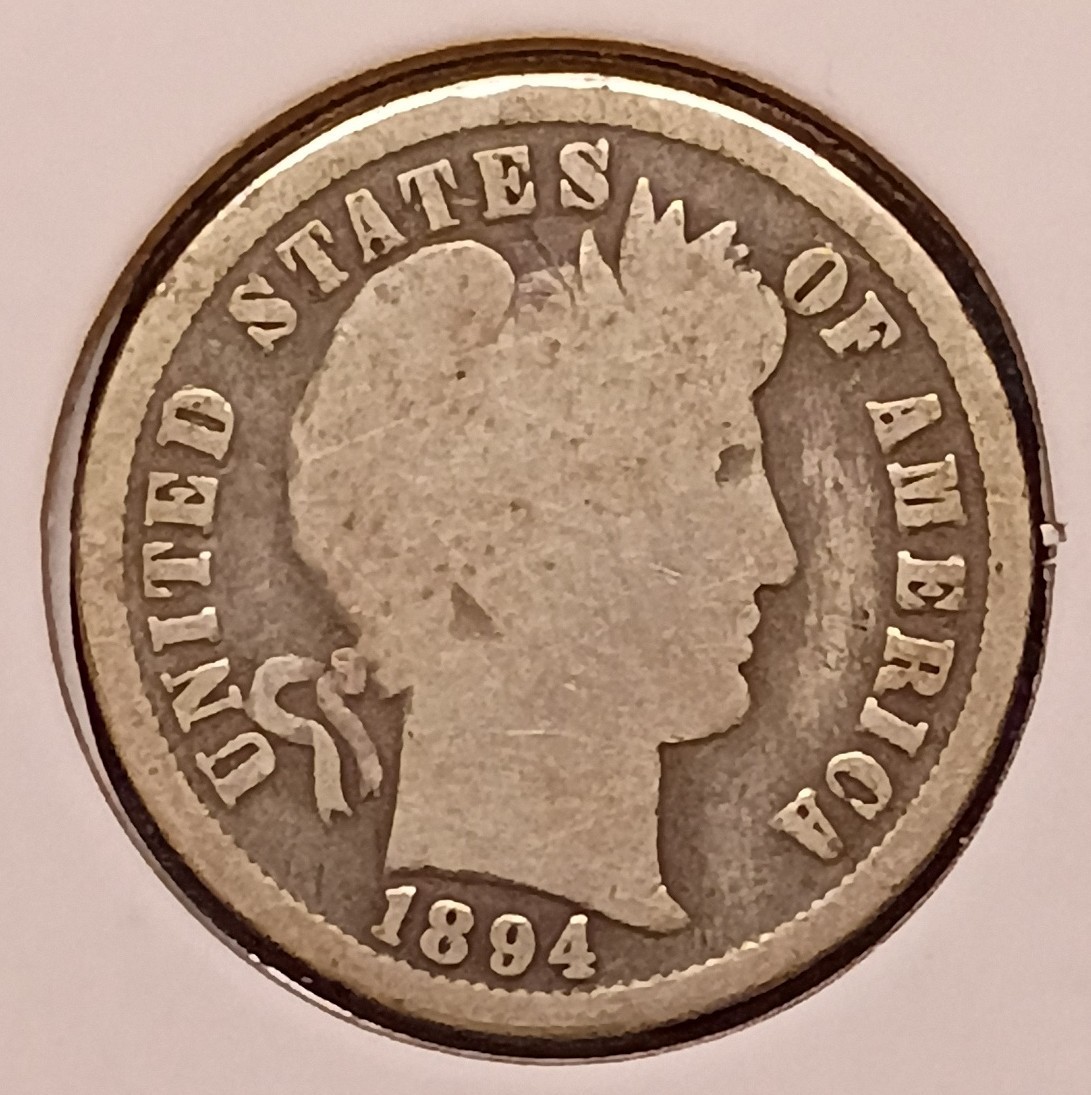 1894 BARBER DIME -- Good (G) -- lt scuff on face