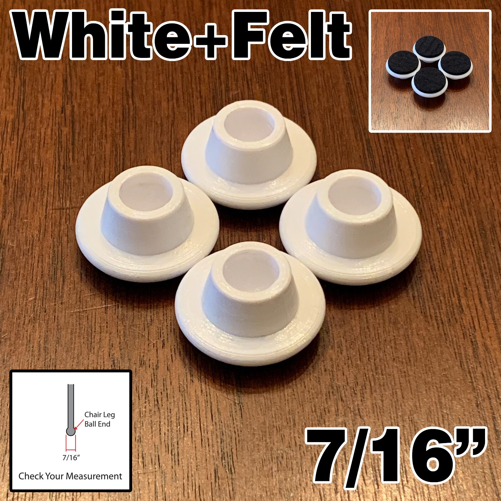 Replacement Chair Glides x4 - 7/16” White With Black Felt - Eames Eiffel Base