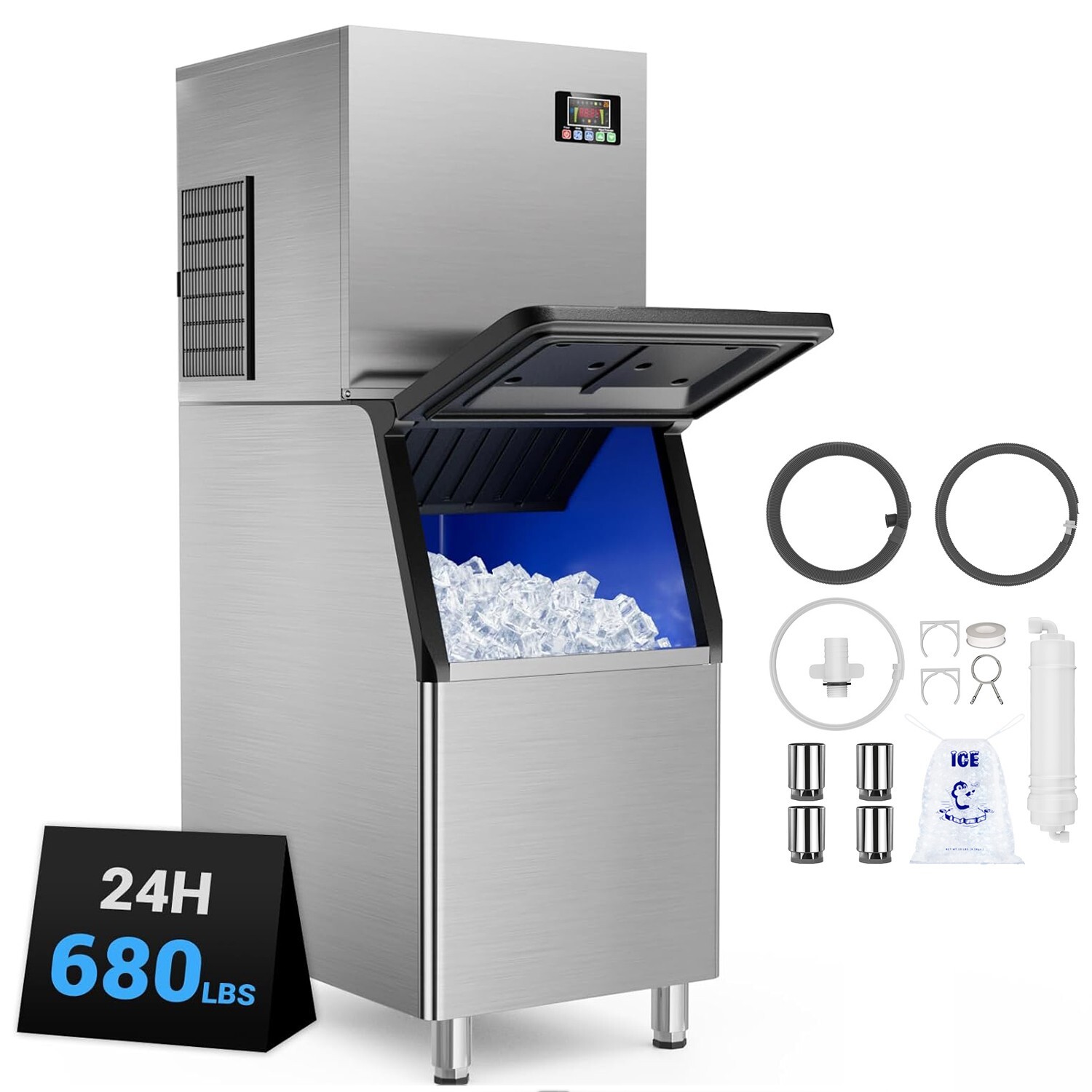 Commercial Ice Machine 680LBS/24H,Storage 400LBS,Large Industrial Ice Maker