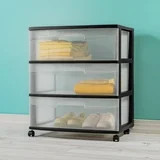 3 Drawer Wide Cart with Wheels Black Plastic