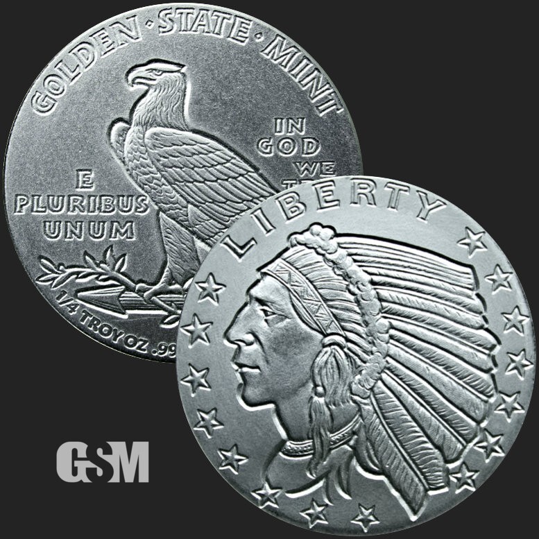 Pure Fine Silver .999 Bullion 1/4 oz Incuse Indian Fractional Silver Round